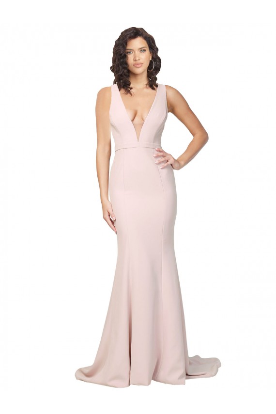 Rose Fourreau Col V Balayage train Crêpe Stretch Longue Formelles Robes demoiselle d'honneur / Robes de soirée / Robes de bal Pas Cher