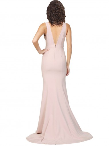 Rose Fourreau Col V Balayage train Crêpe Stretch Longue Formelles Robes demoiselle d'honneur / Robes de soirée / Robes de bal
