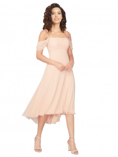 Rose Glacé Trapèze Col Carré midi Mousseline Courte Asymétrique Robes demoiselle d'honneur Pas Cher