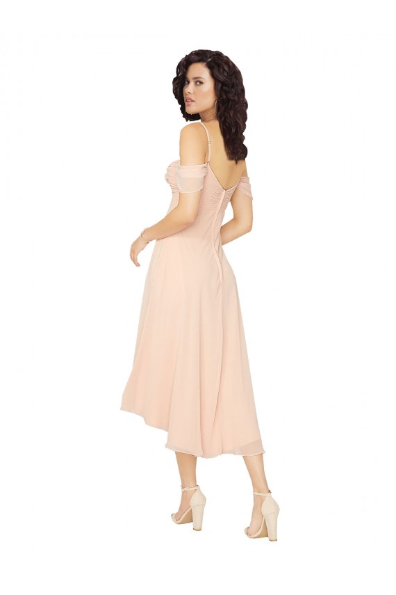 Rose Glacé Trapèze Col Carré midi Mousseline Courte Asymétrique Robes demoiselle d'honneur Pas Cher