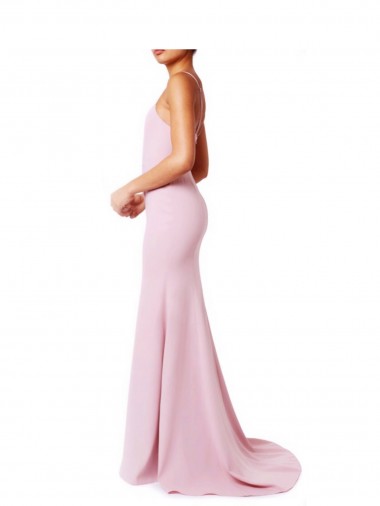 Rose Sirène Bretelles spaghetti Col Carré Crêpe Stretch Longue Robes demoiselle d'honneur / Robes de bal