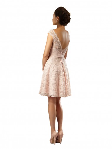 Rose Trapèze Bateau Illusion Mousseline Dentelle Courte Robes demoiselle d'honneur