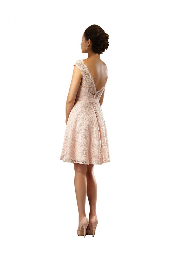 Rose Trapèze Bateau Illusion Mousseline Dentelle Courte Robes demoiselle d'honneur Pas Cher