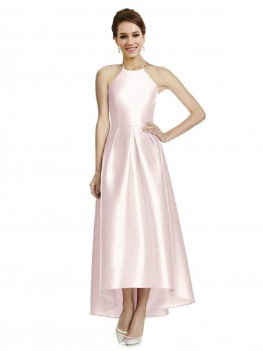 Rose Trapèze Bretelles spaghetti Satiné Longue Asymétrique Robes demoiselle d'honneur Pas Cher