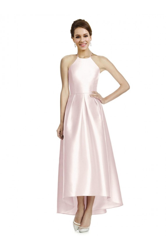 Rose Trapèze Bretelles spaghetti Satiné Longue Asymétrique Robes demoiselle d'honneur Pas Cher
