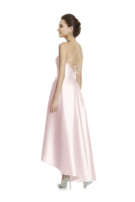 Rose Trapèze Bretelles spaghetti Satiné Longue Asymétrique Robes demoiselle d'honneur Pas Cher