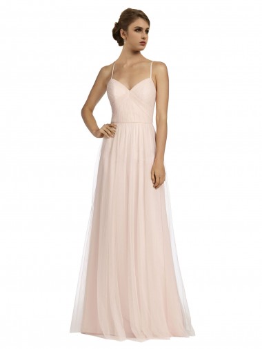 Rose Trapèze Bretelles spaghetti Tulle Longue Robes demoiselle d'honneur Pas Cher