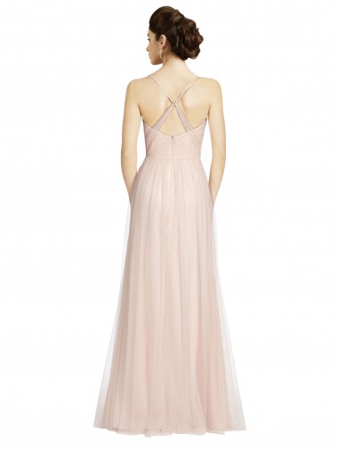 Rose Trapèze Bretelles spaghetti Tulle Longue Robes demoiselle d'honneur