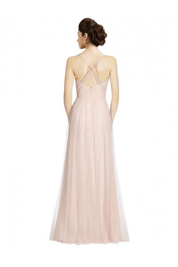 Rose Trapèze Bretelles spaghetti Tulle Longue Robes demoiselle d'honneur Pas Cher