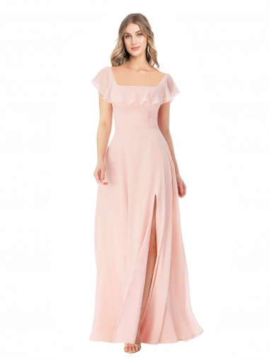 Rose Trapèze Col Carré Mousseline Longue Robes demoiselle d'honneur Pas Cher