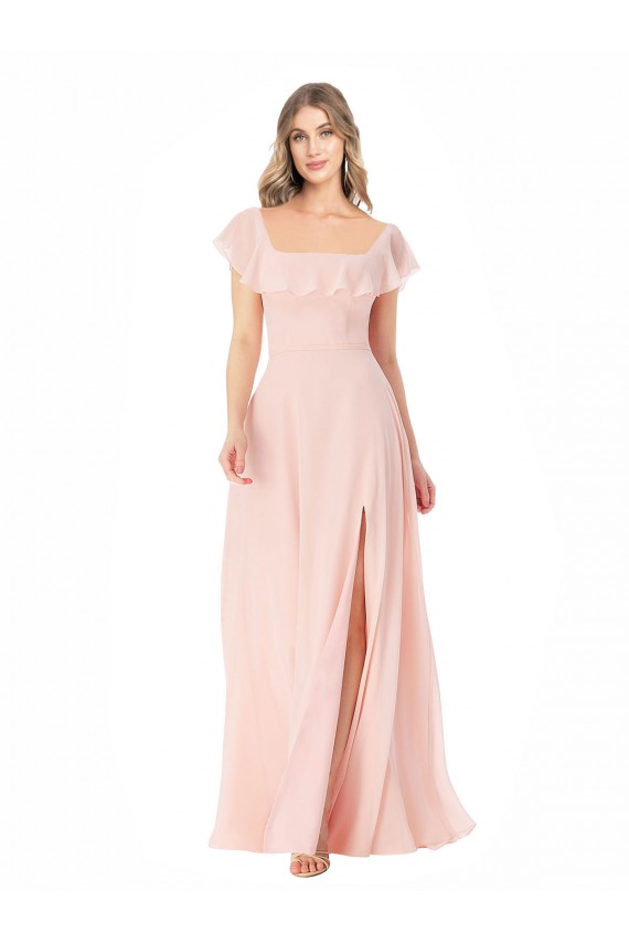 Rose Trapèze Col Carré Mousseline Longue Robes demoiselle d'honneur Pas Cher