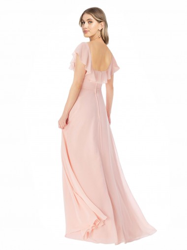 Rose Trapèze Col Carré Mousseline Longue Robes demoiselle d'honneur
