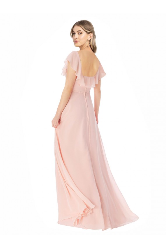 Rose Trapèze Col Carré Mousseline Longue Robes demoiselle d'honneur Pas Cher