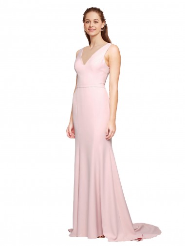 Rose Trapèze Col V Balayage train Crêpe Stretch Longue Robes demoiselle d'honneur / Robes de bal Pas Cher
