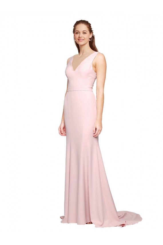 Rose Trapèze Col V Balayage train Crêpe Stretch Longue Robes demoiselle d'honneur / Robes de bal Pas Cher