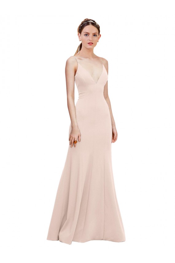 Rose Trapèze Col V Crêpe Stretch Longue Formelles Robes demoiselle d'honneur / Robes de soirée / Robes de bal Pas Cher