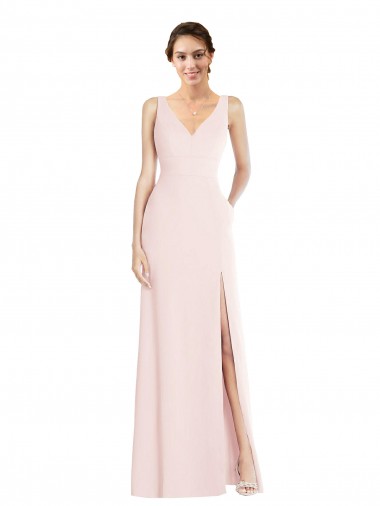 Rose Trapèze Col V Crêpe Stretch Longue Robes demoiselle d'honneur / Robes de bal Pas Cher