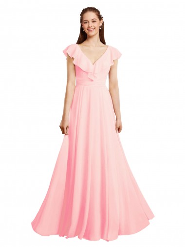 Rose Trapèze Col V Mousseline Longue Robes demoiselle d'honneur Pas Cher