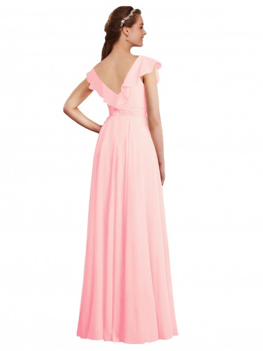 Rose Trapèze Col V Mousseline Longue Robes demoiselle d'honneur