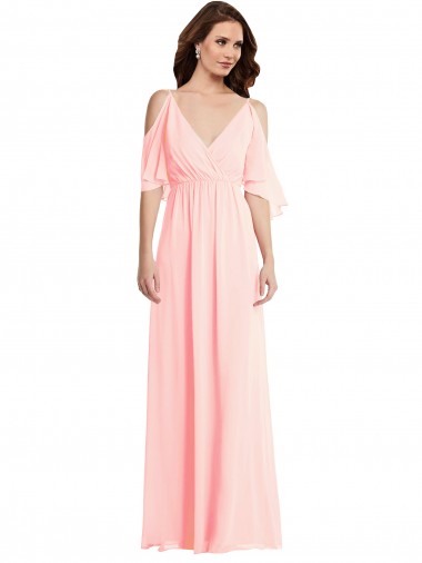 Rose Trapèze Col V Mousseline Longue Robes demoiselle d'honneur Pas Cher