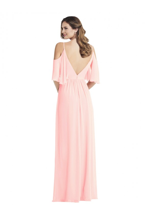 Rose Trapèze Col V Mousseline Longue Robes demoiselle d'honneur Pas Cher