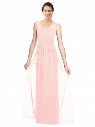 Rose Trapèze Col V Mousseline Longue Robes demoiselle d'honneur Pas Cher