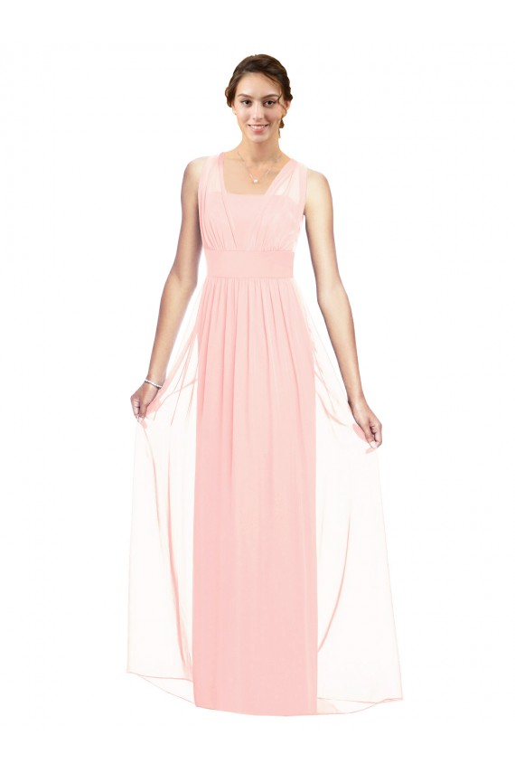 Rose Trapèze Col V Mousseline Longue Robes demoiselle d'honneur Pas Cher
