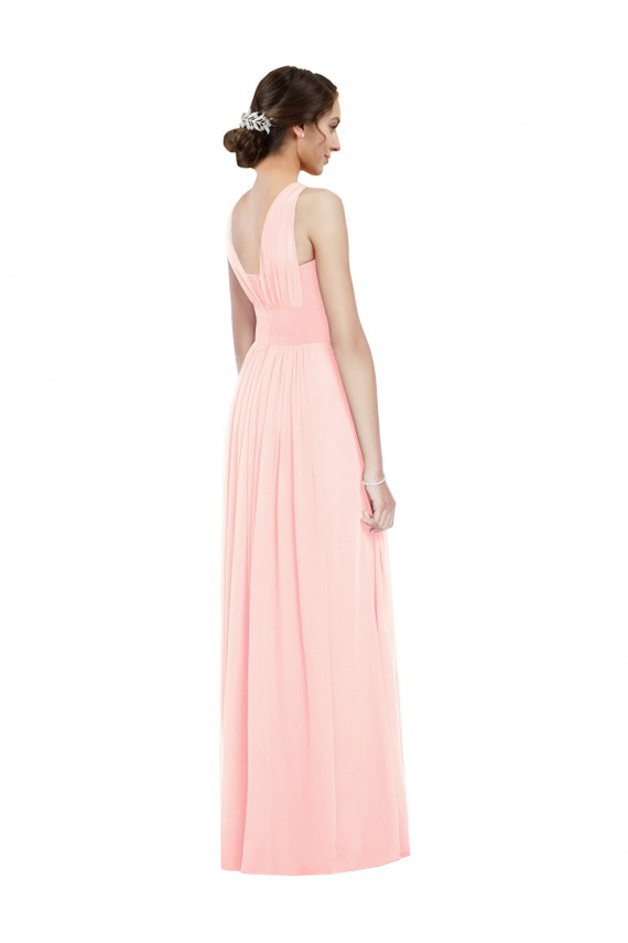 Rose Trapèze Col V Mousseline Longue Robes demoiselle d'honneur Pas Cher