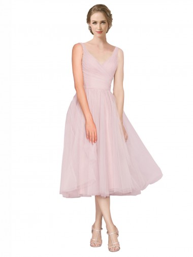 Rose Trapèze Col V Tulle Courte Robes demoiselle d'honneur / Robes de cocktail Pas Cher