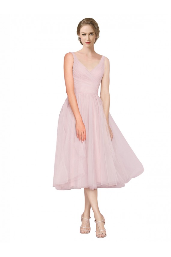 Rose Trapèze Col V Tulle Courte Robes demoiselle d'honneur / Robes de cocktail Pas Cher