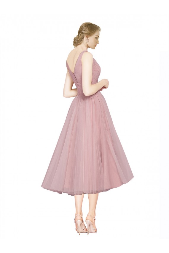 Rose Trapèze Col V Tulle Courte Robes demoiselle d'honneur / Robes de cocktail Pas Cher