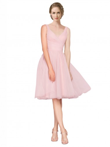 Rose Trapèze Col V Tulle Courte Robes demoiselle d'honneur / Robes de cocktail Pas Cher