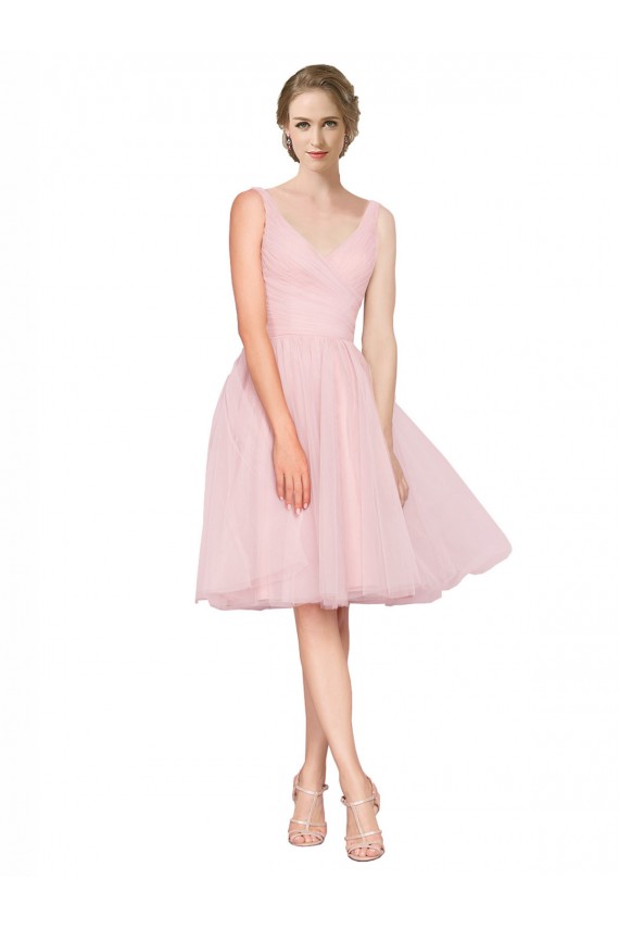 Rose Trapèze Col V Tulle Courte Robes demoiselle d'honneur / Robes de cocktail Pas Cher