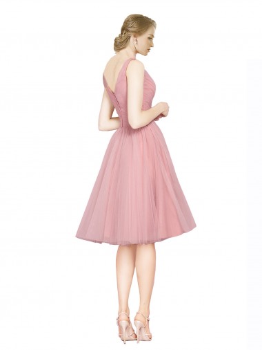 Rose Trapèze Col V Tulle Courte Robes demoiselle d'honneur / Robes de cocktail