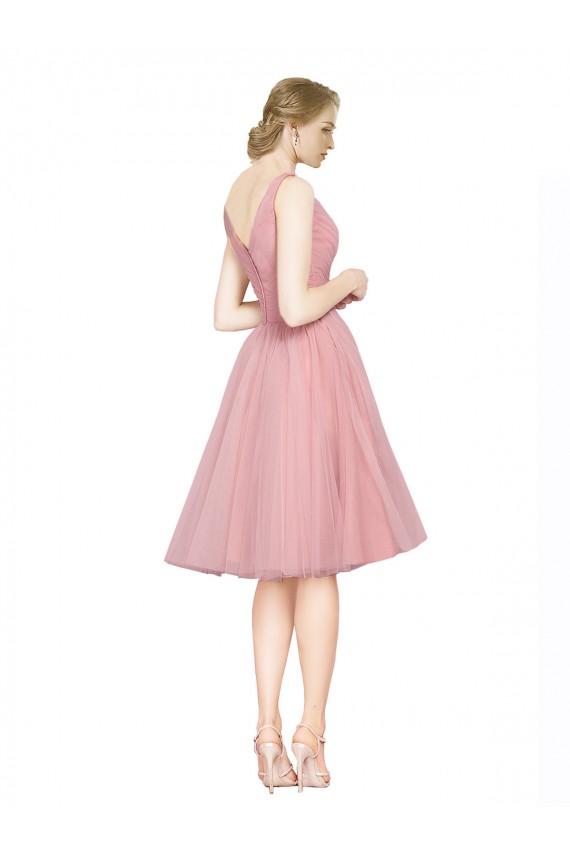 Rose Trapèze Col V Tulle Courte Robes demoiselle d'honneur / Robes de cocktail Pas Cher