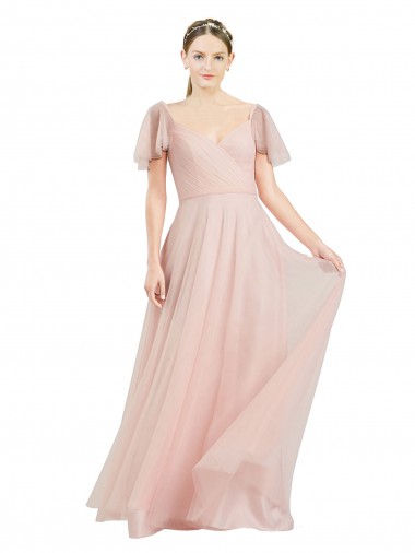 Rose Trapèze Col V Tulle Longue Robes demoiselle d'honneur Pas Cher