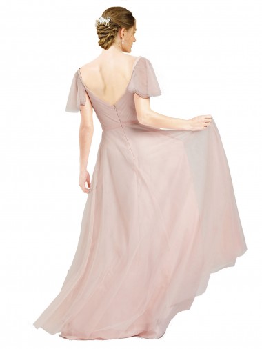Rose Trapèze Col V Tulle Longue Robes demoiselle d'honneur