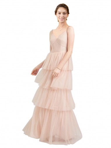 Rose Trapèze Col V Tulle Longue Robes demoiselle d'honneur Pas Cher