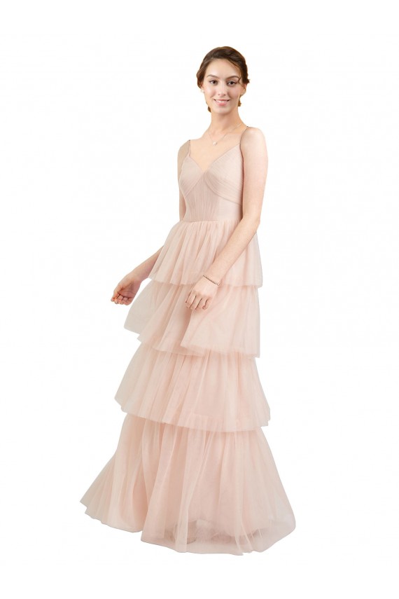Rose Trapèze Col V Tulle Longue Robes demoiselle d'honneur Pas Cher