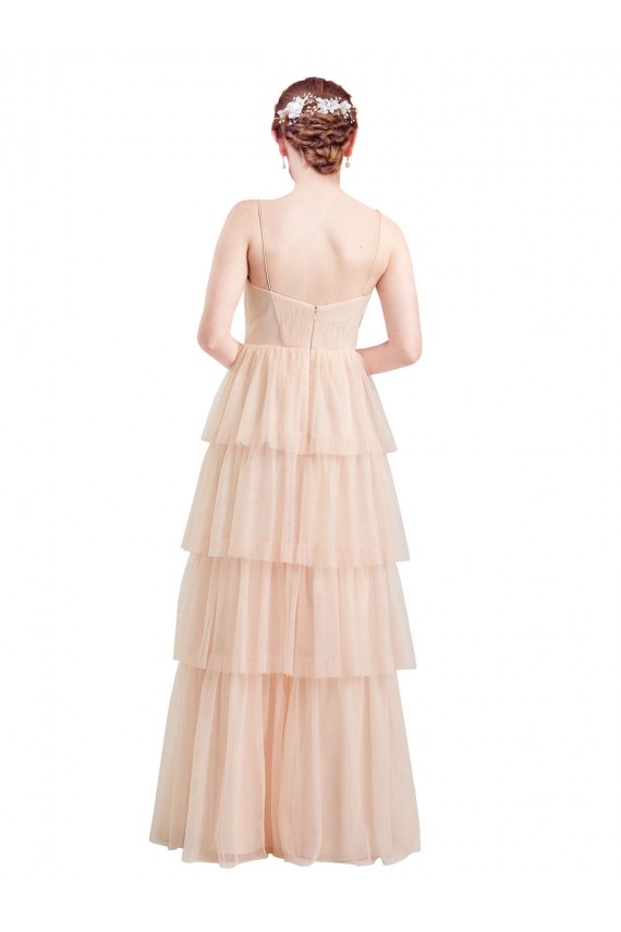 Rose Trapèze Col V Tulle Longue Robes demoiselle d'honneur Pas Cher