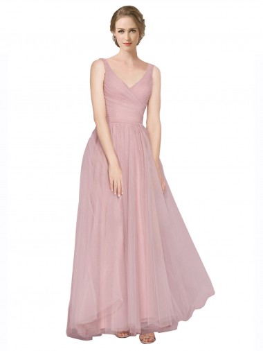 Rose Trapèze Col V Tulle Longue Robes demoiselle d'honneur Pas Cher