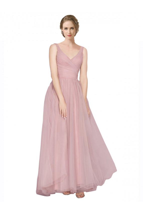 Rose Trapèze Col V Tulle Longue Robes demoiselle d'honneur Pas Cher