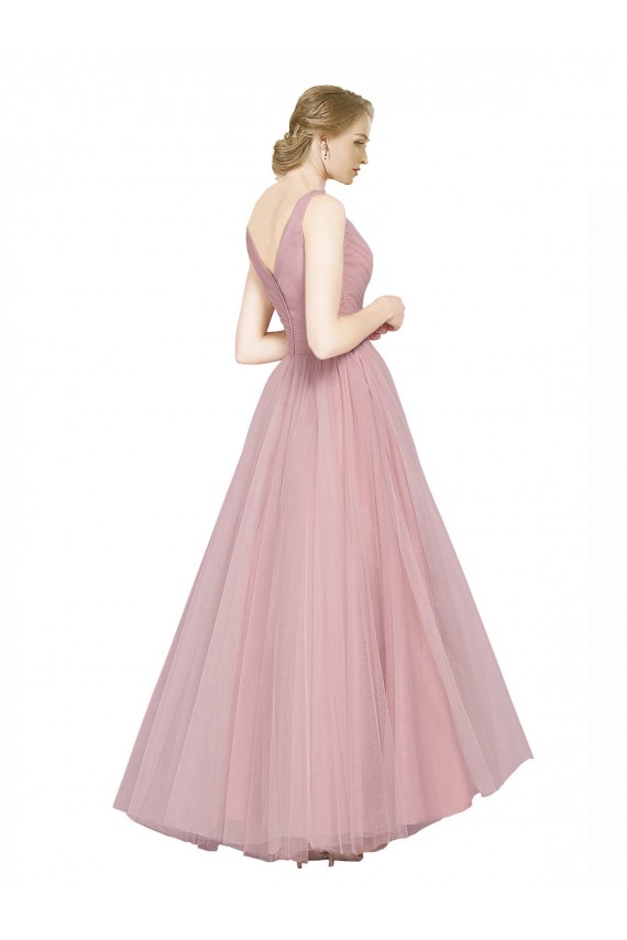 Rose Trapèze Col V Tulle Longue Robes demoiselle d'honneur Pas Cher
