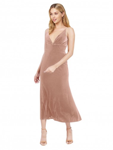 Rose Trapèze Col V midi Velours Stretch Courte Robes demoiselle d'honneur / Robes de bal / Robes de cocktail Pas Cher