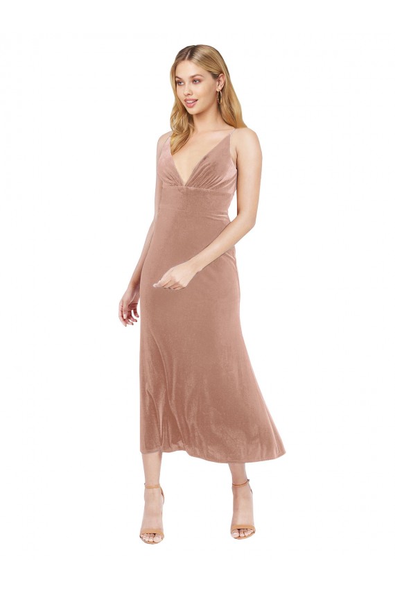 Rose Trapèze Col V midi Velours Stretch Courte Robes demoiselle d'honneur / Robes de bal / Robes de cocktail Pas Cher