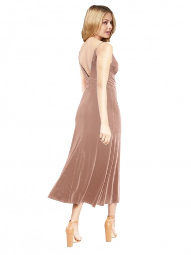Rose Trapèze Col V midi Velours Stretch Courte Robes demoiselle d'honneur / Robes de bal / Robes de cocktail