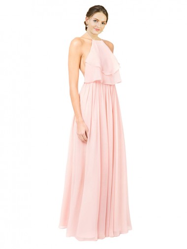 Rose Trapèze Licou Mousseline Longue Robes demoiselle d'honneur Pas Cher