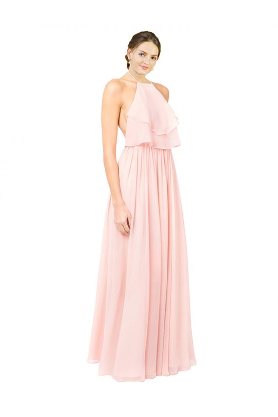 Rose Trapèze Licou Mousseline Longue Robes demoiselle d'honneur Pas Cher