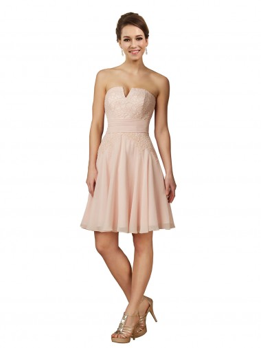Rose Trapèze Mousseline Dentelle Courte Robes demoiselle d'honneur / Robes de cocktail Pas Cher