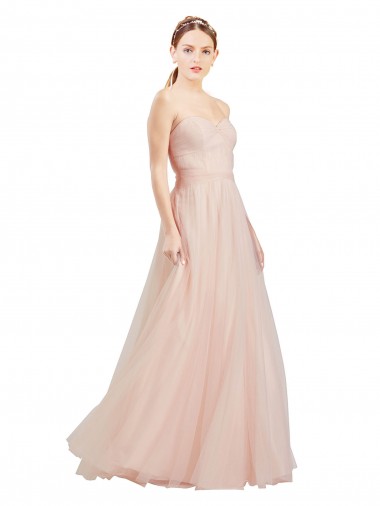 Rose Trapèze Sans bretelle Tulle Longue Robes demoiselle d'honneur Pas Cher